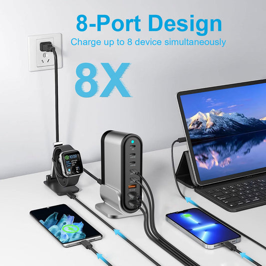 USB C Fast Charger : Fast Charging Station Hub : 285W-8 Port Desktop Multiple Devices Power Adapter for Laptop MacBook Pro/Air, DELL, Tablet iPad Pro/Air, iPhone 16/15/14, Galaxy S23/22