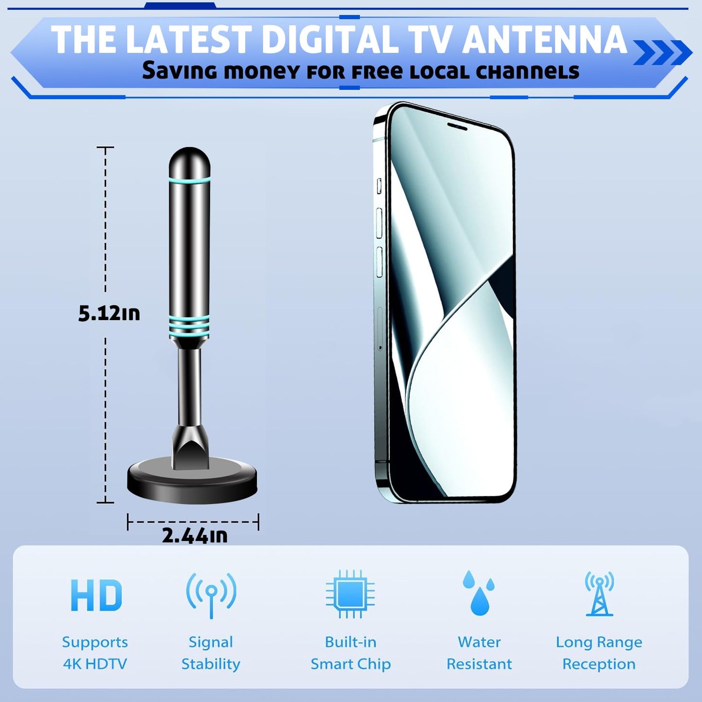 2025 Smart Indoor TV Antenna with Powerful Magnetic Base & 360° Rotation, Long Distance Reception, Easy Cable-Free Installation for Clear Local Channels