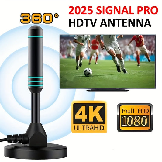 2025 Signal Pro Indoor HDTV Antenna - 4K Ultra HD & 1080P Full HD, 360° Reception for Smart & Older TVs, USB-Powered, Black with Blue Stripe Design, Digital Channel Reception | Stylish Stripe Detailing | Durable Antenna, Antenna for Tv, Reliable