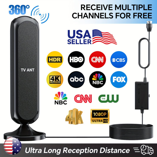 TV Antenna Indoor/Outdoor Long Distance HD 1080P 4k Signal Amplifier, Smart TV Antenna, 360° Upgraded Signal Stable Reception Local-All Free Channels, Suitable for Urban, Rural-New And Old TV, All TV.