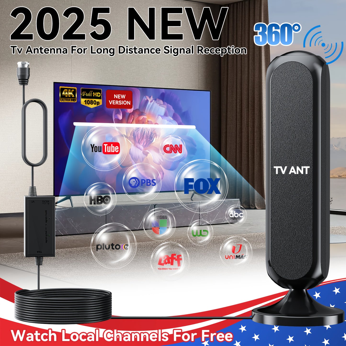 Smart TV Antenna Indoor/Outdoor Long Distance HD 1080P 4K Signal Amplifier, 360° Upgrade Signal Stable Reception Local - All Free Channels