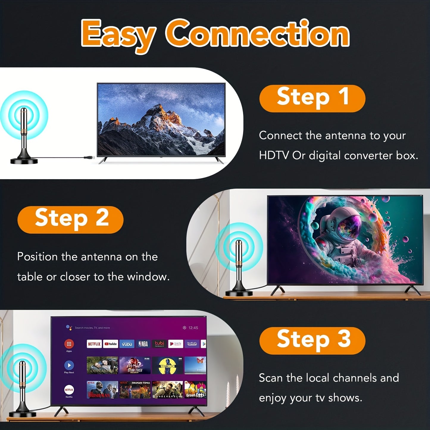 2025 Smart Indoor TV Antenna with Powerful Magnetic Base & 360° Rotation, Long Distance Reception, Easy Cable-Free Installation for Clear Local Channels