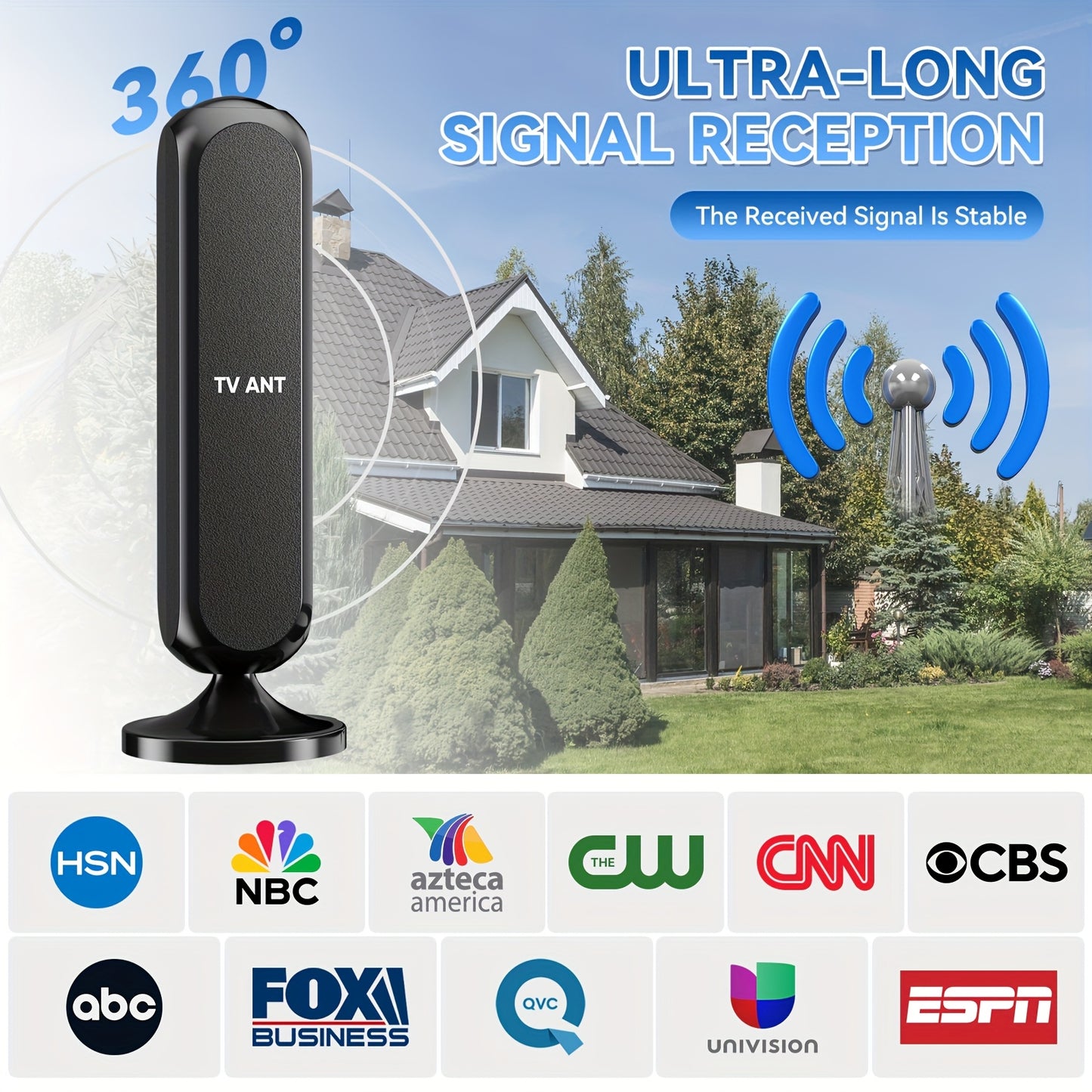 Smart TV Antenna Indoor/Outdoor Long Distance HD 1080P 4K Signal Amplifier, 360° Upgrade Signal Stable Reception Local - All Free Channels