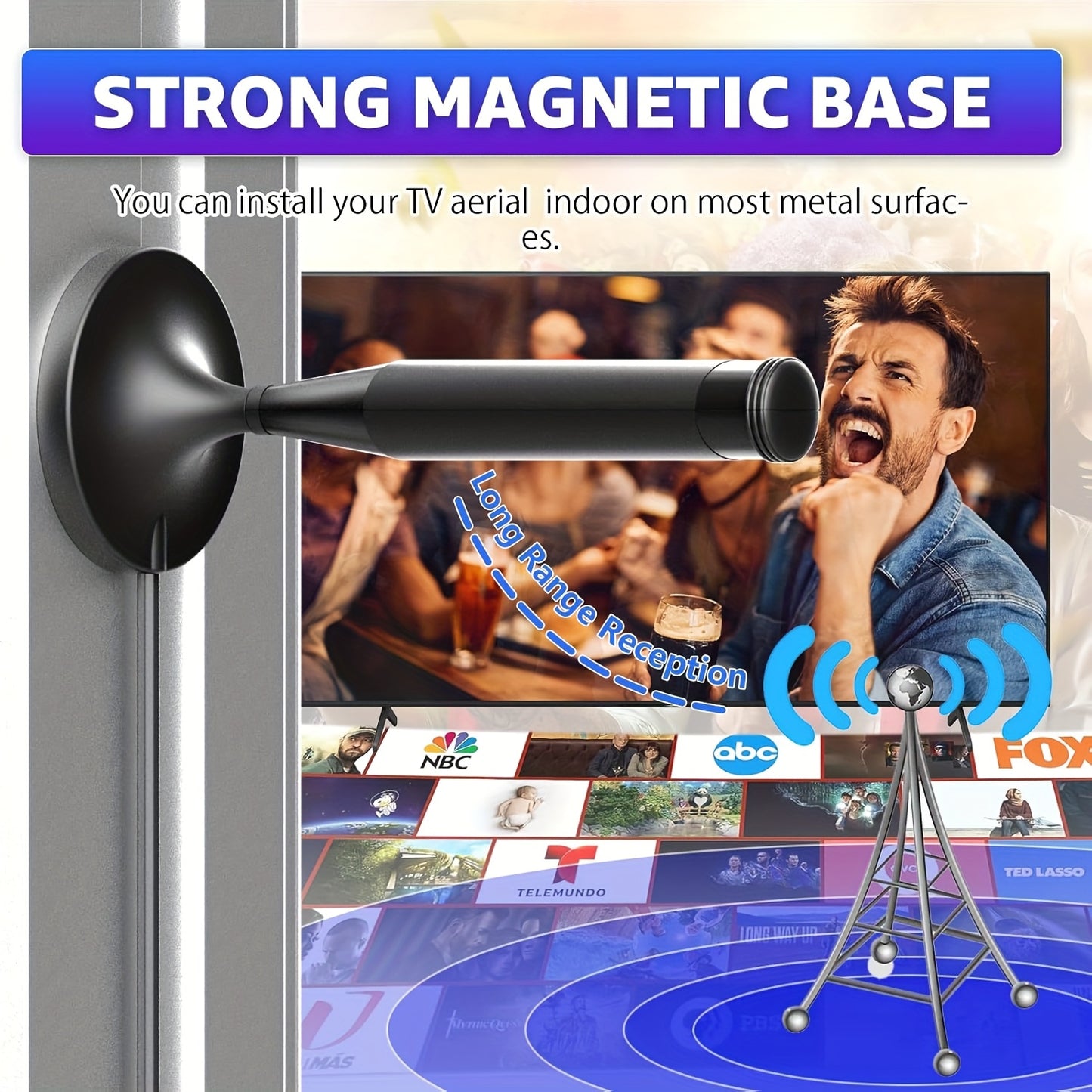 Smart Digital TV Antenna 2025 - HDTV Antenna with Super Strong Magnetic Base,360° Long-Range Reception for Local Channels