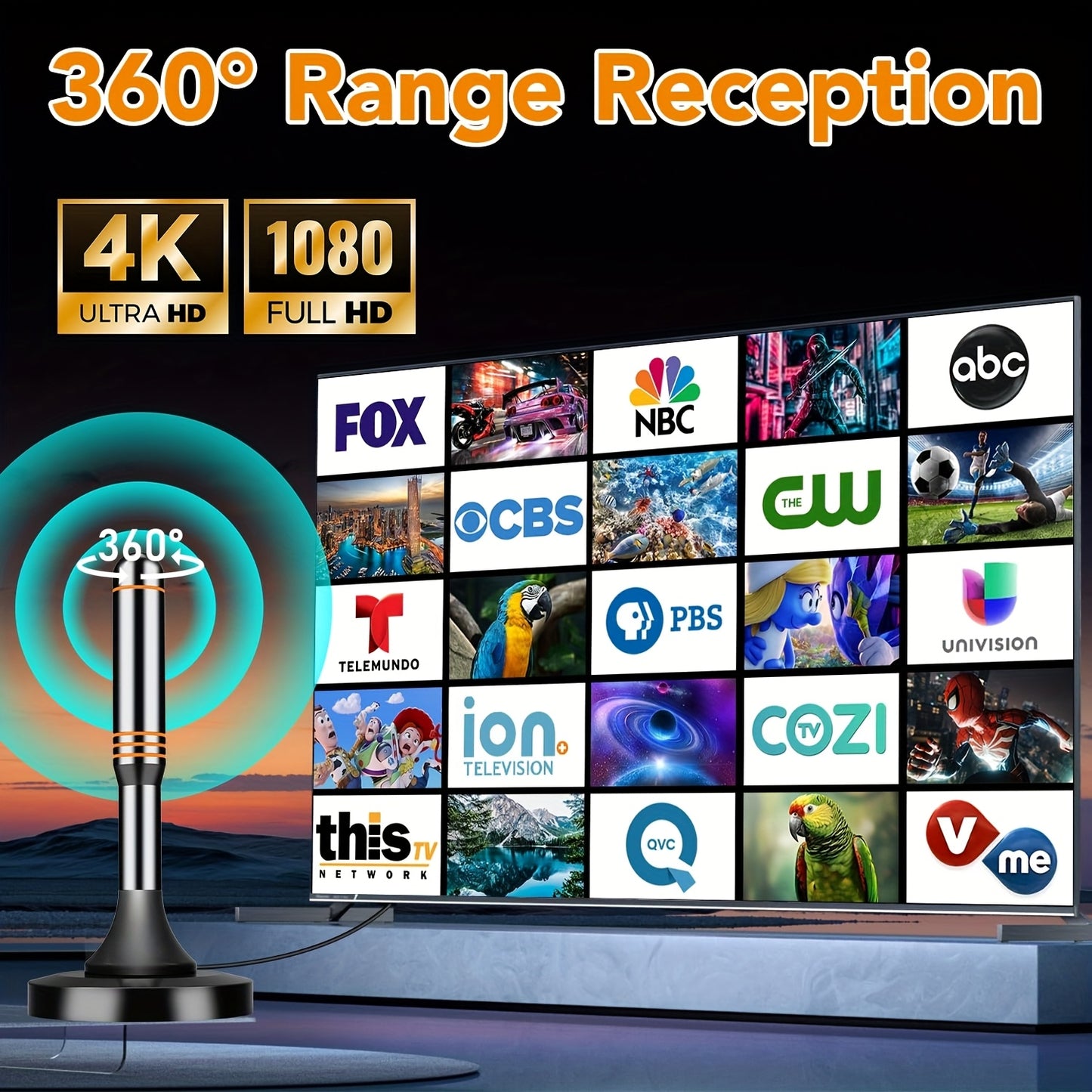 2025 Smart Indoor TV Antenna with Powerful Magnetic Base & 360° Rotation, Long Distance Reception, Easy Cable-Free Installation for Clear Local Channels