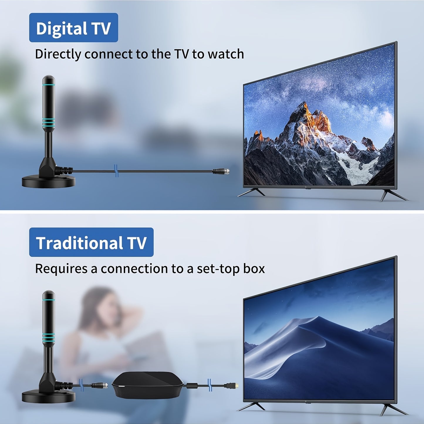 2025 Signal Pro Indoor HDTV Antenna - 4K Ultra HD & 1080P Full HD, 360° Reception for Smart & Older TVs, USB-Powered, Black with Blue Stripe Design, Digital Channel Reception | Stylish Stripe Detailing | Durable Antenna, Antenna for Tv, Reliable