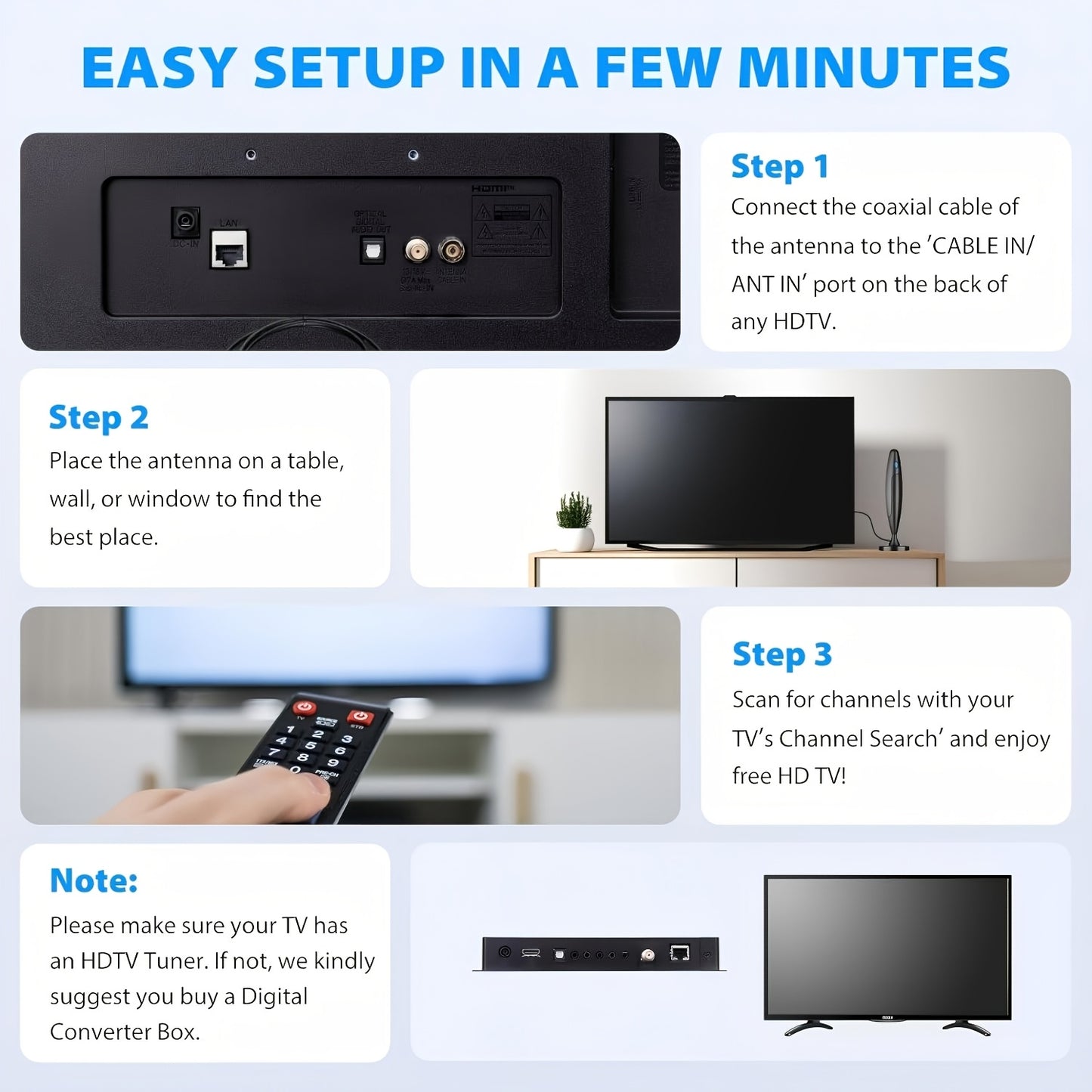 Smart TV Antenna for Local Channels, Indoor HDTV Antenna Long Distance Reception, Easy Installation Digital Antenna Compatible with All Smart/HDTVs & Older TVs, Supports 4K 1080P HD VHF UHF,NO Booster.